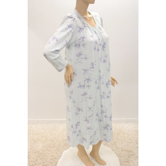 Miss Elaine Womens XL Nightgown Aqua Floral Pointelle Knit Nightgown Long Sleeve - Picture 2 of 8